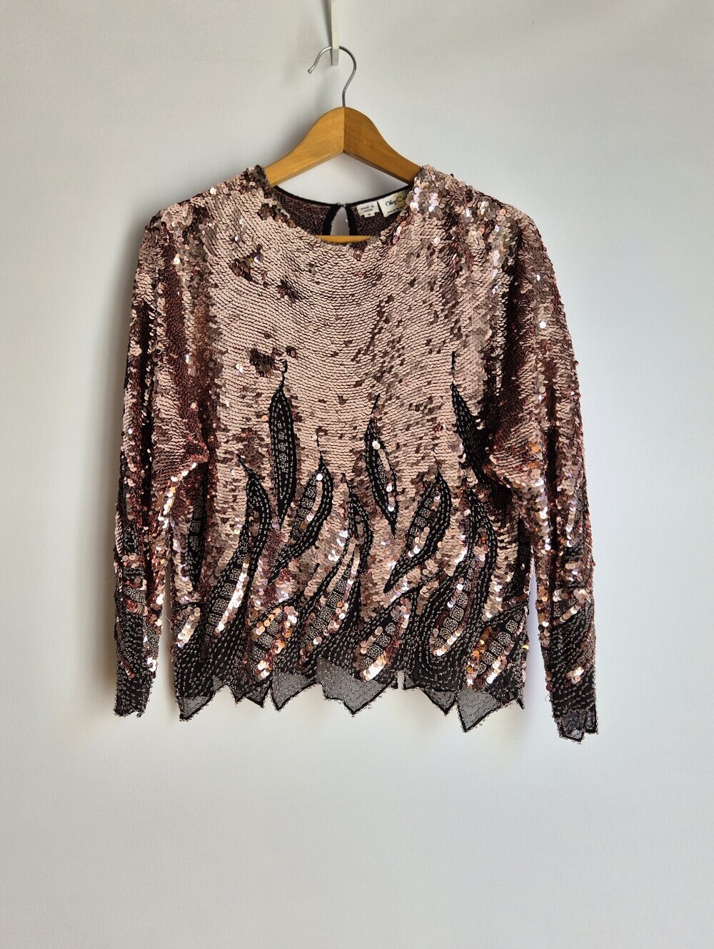 Olga Cassini Vintage 80s Sequin Blouse Size Medium Pink Black Beading Silk Retro